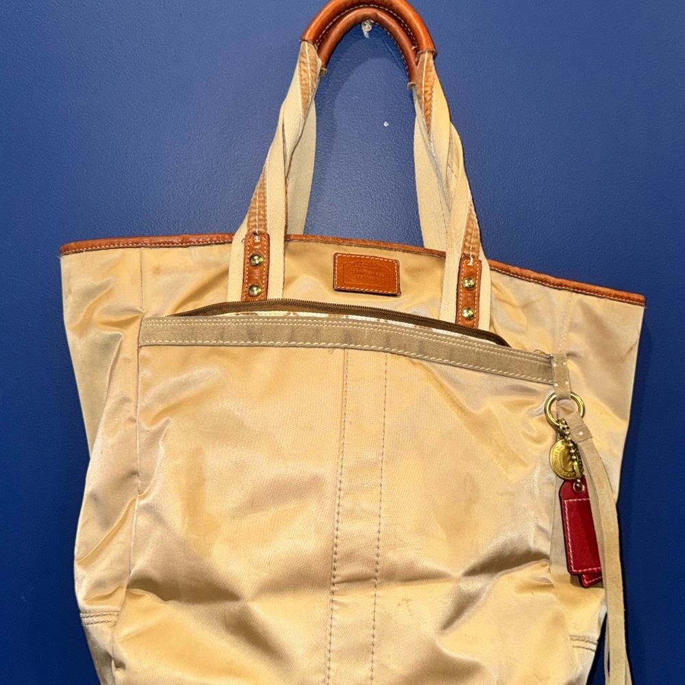 SOLD - Coach Satin Tote Bag Leather Trim Gold Beige Shoulder Bag w/ Dust Bag